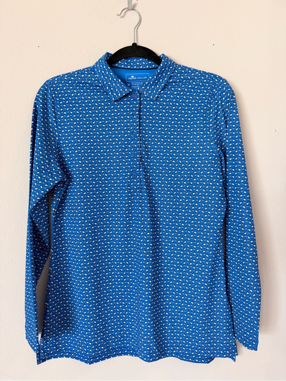 Peter Millar Royal Blue Long Sleeve Polo with Micro Dot Print